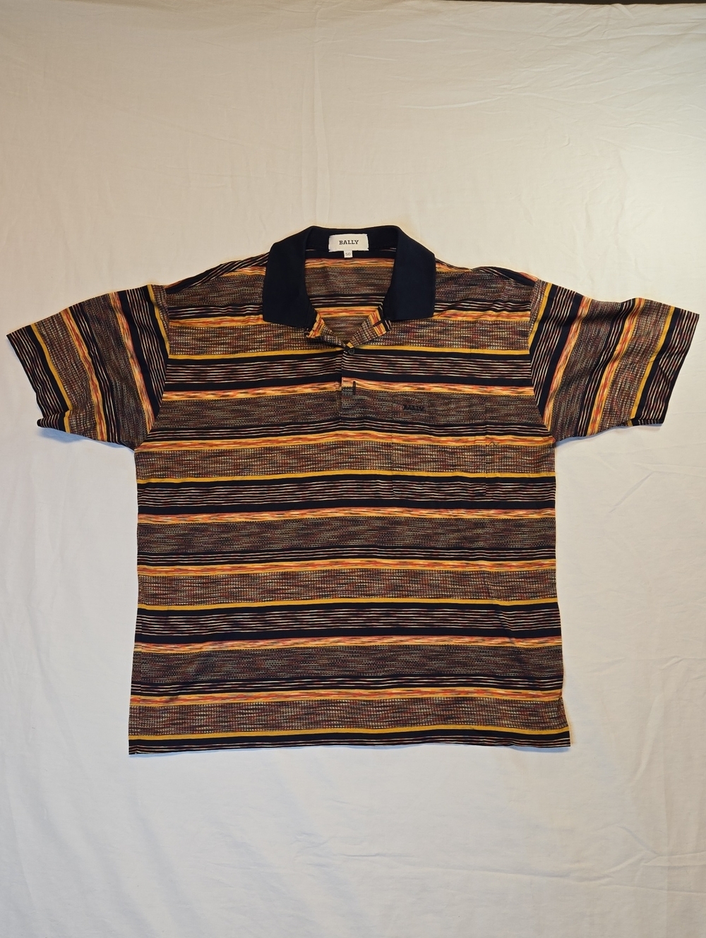 Bally Multicolor Abstract Stripe 1/4 Button Down Polo Shirt with Navy Collar